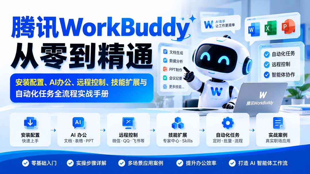 腾讯WorkBuddy从零到精通：安装配置、AI办公、远程控制、技能扩展与自动化任务全流程实战手册-蜗牛学社