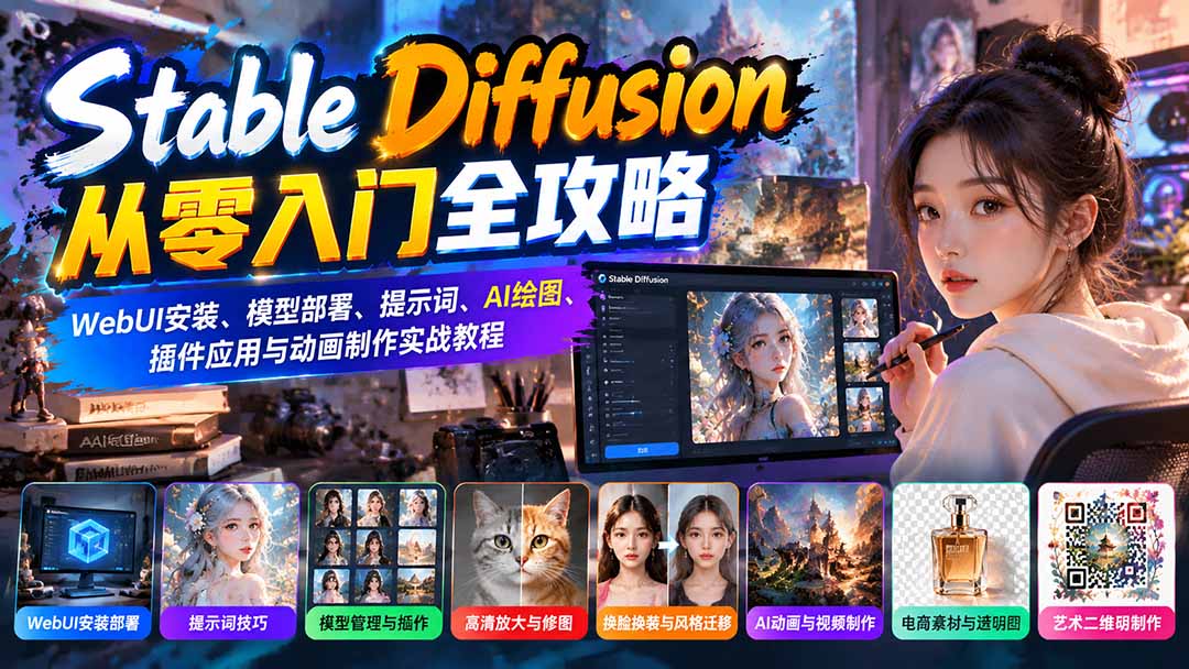 Stable Diffusion从零入门全攻略:WebUI安装、模型部署、提示词、AI绘图、插件应用与动画制作实战教程-蜗牛学社