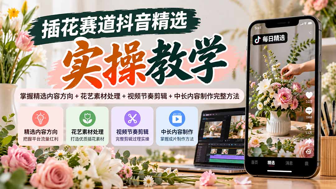 插花赛道抖音精选实操教学:掌握精选内容方向+花艺素材处理+视频节奏剪辑+中长内容制作完整方法-蜗牛学社