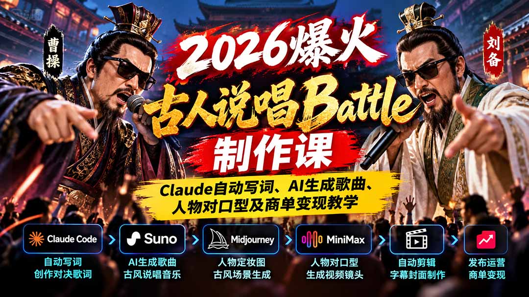 2026爆火古人说唱Battle制作课:Claude自动写词、AI生成歌曲、人物对口型及商单变现教学-蜗牛学社