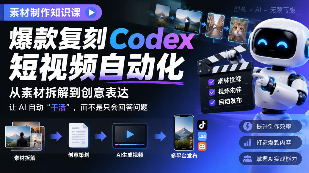 素材制作知识课,爆款复刻Codex短视频自动化,从素材拆解到创意表达,让AI自动“干活”,而不是只会回答问题-蜗牛学社