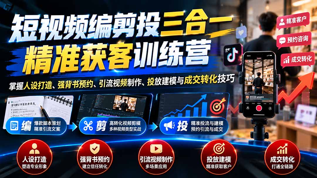 短视频编剪投三合一精准获客训练营:掌握人设打造、强背书预约、引流视频制作、投放建模与成交转化技巧-蜗牛学社