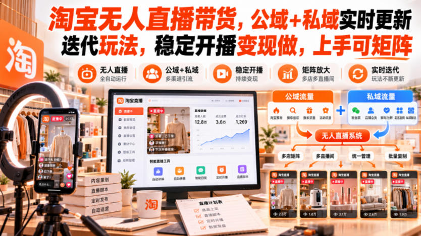 淘宝无人直播带货，公域+私域实时更新迭代玩法，稳定开播变现做，上手可矩阵【揭秘】-蜗牛学社