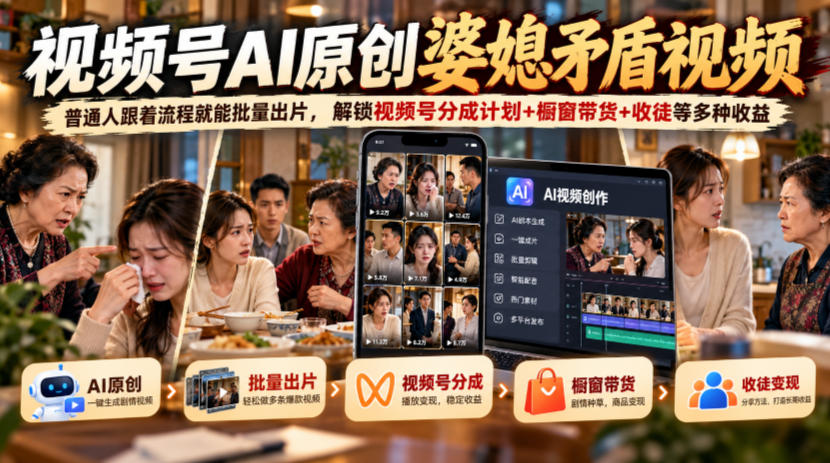 视频号ai原创婆媳矛盾视频,普通人跟着流程就能批量出片,解锁视频号分成计划+橱窗带货+收徒等多种收益-蜗牛学社