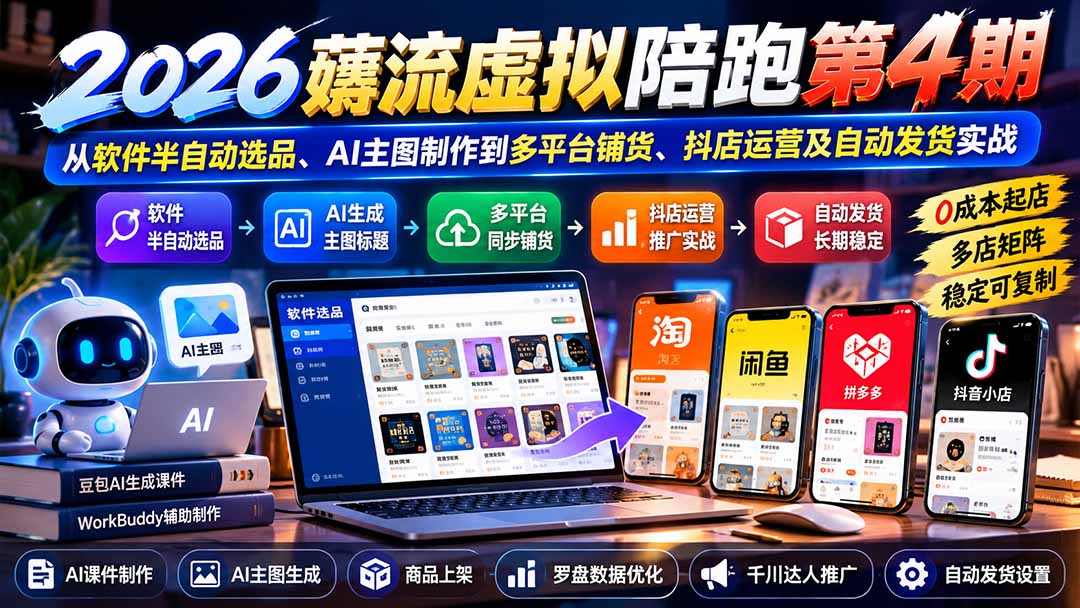 2026薅流虚拟陪跑第4期：从软件半自动选品、AI主图制作到多平台铺货、抖店运营及自动发货实战-蜗牛学社