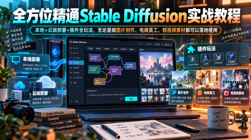 全方位精通Stable Diffusion实战教程｜本地+云端部署+插件全玩法，无论是做图片创作、电商美工、短视频素材都可以落地使用-蜗牛学社