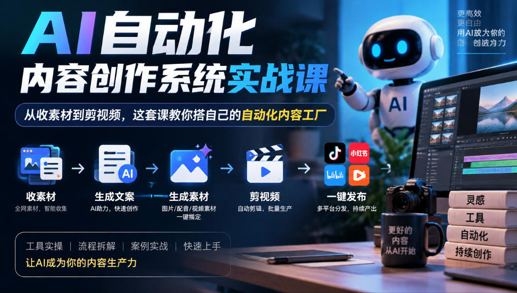 AI自动化内容创作系统实战课,从收素材到剪视频,这套课教你搭自己的自动化内容工厂-蜗牛学社
