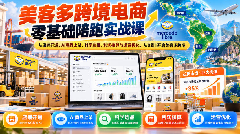 美客多跨境电商零基础陪跑实战课:从店铺开通、AI商品上架、科学选品、利润核算与运营优化,从0到1开启美客多跨境-蜗牛学社