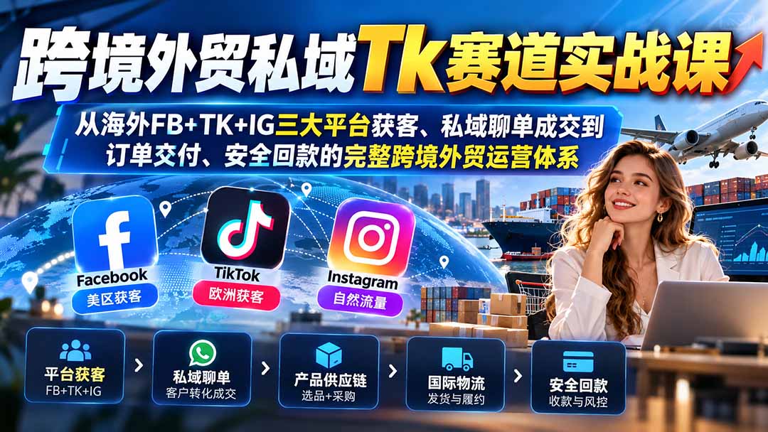 跨境外贸私域Tk赛道实战课：从海外FB+TK+IG三大平台获客、私域聊单成交到订单交付、安全回款的完整跨境外贸运营体系-蜗牛学社