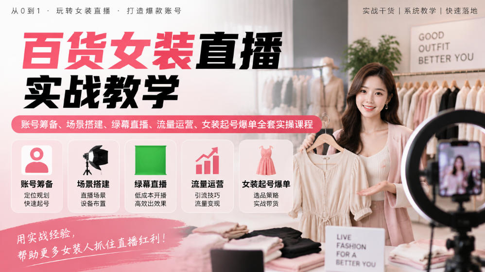 百货女装直播实战教学｜账号筹备、场景搭建、绿幕直播、流量运营、女装起号爆单全套实操课程-蜗牛学社