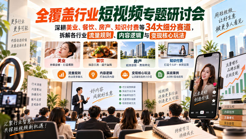 短视频专题研讨会,深耕美业、餐饮、房产、知识付费等34大细分赛道,拆解各行业流量规则、内容逻辑与变现核心玩法(更新1011)-蜗牛学社