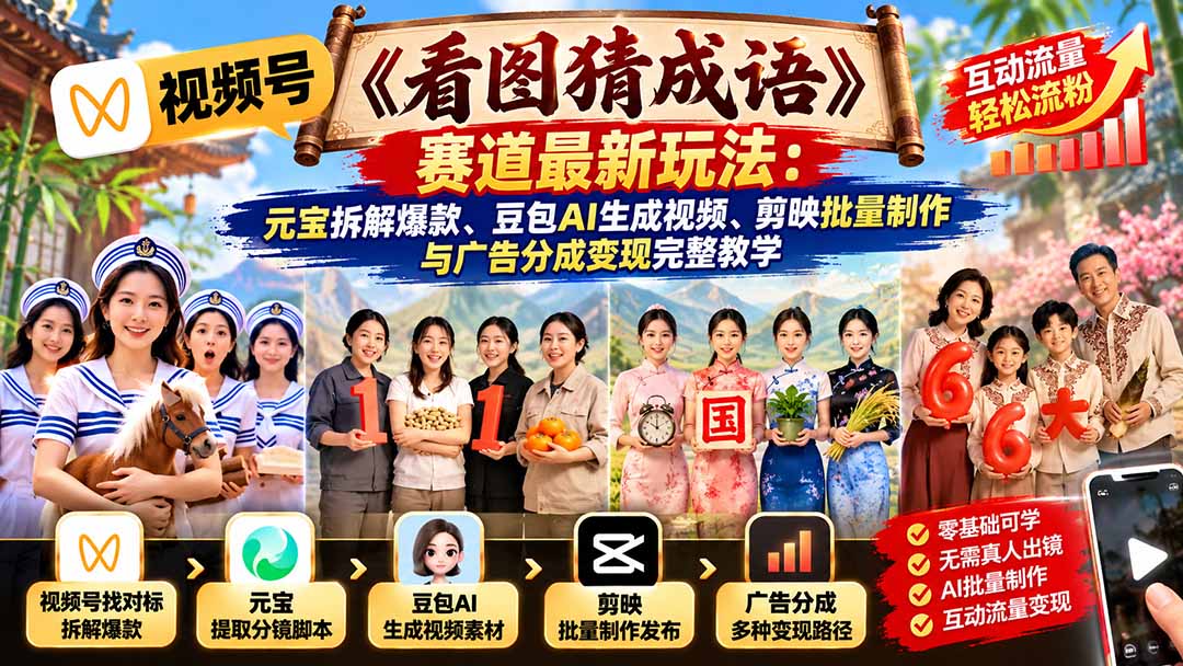 视频号《看图猜成语》赛道最新玩法:元宝拆解爆款、豆包AI生成视频、剪映批量制作与广告分成变现完整教学-蜗牛学社