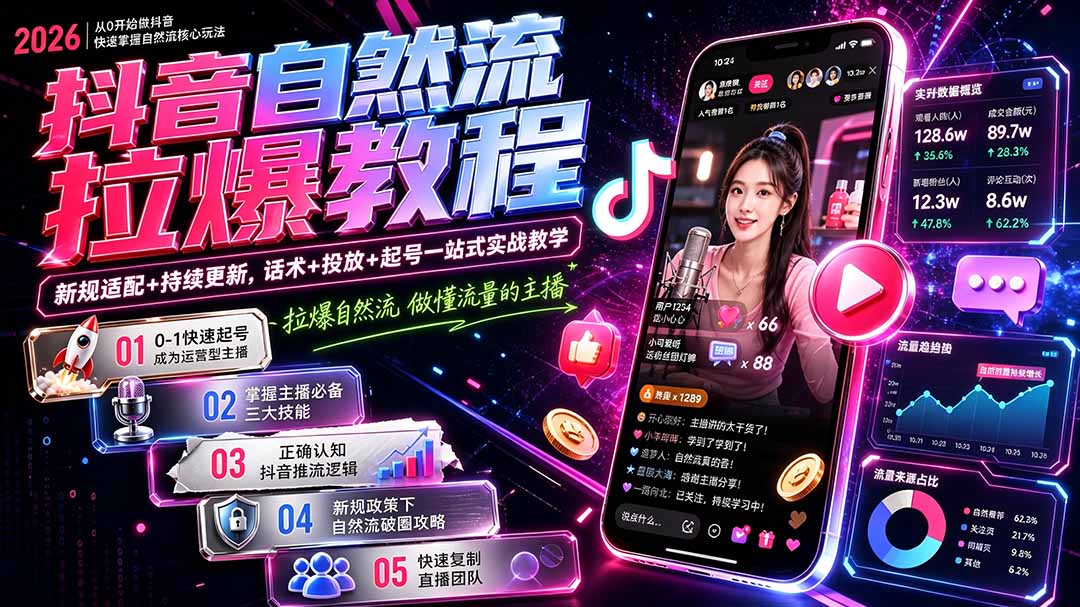 抖音自然流拉爆教程-更新1002:做懂流量的主播,新规适配+持续更新,话术+投放+起号一站式实战教学-蜗牛学社