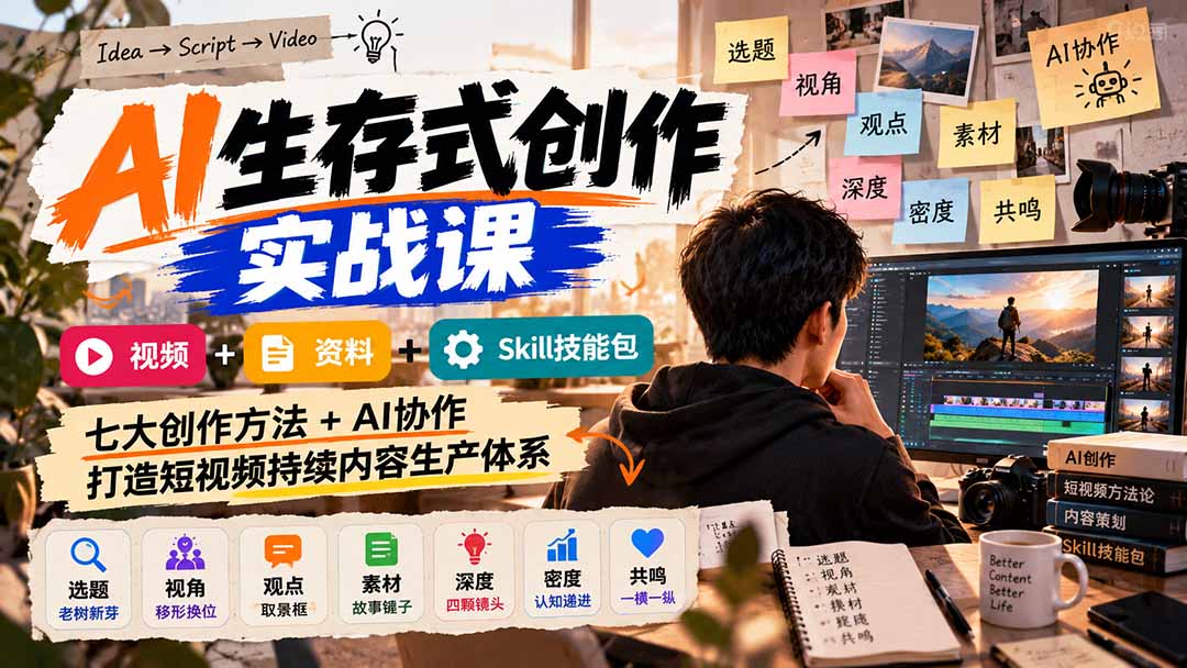 AI生存式创作实战课：视频+资料+Skill技能包，七大创作方法+AI协作，打造短视频持续内容生产体系-蜗牛学社