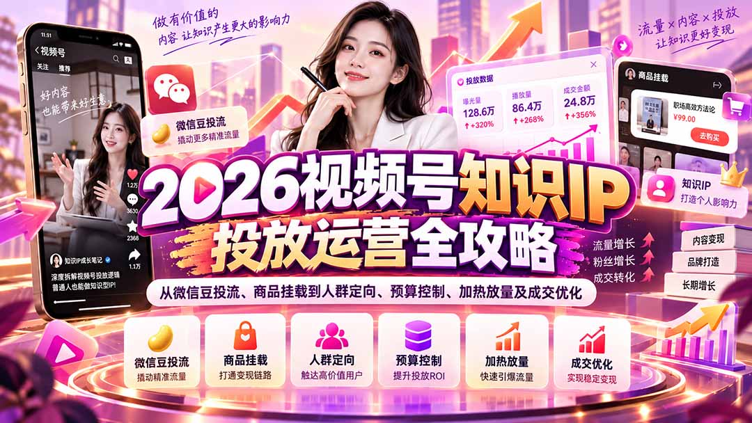 2026视频号知识IP投放运营全攻略：从微信豆投流、商品挂载到人群定向、预算控制、加热放量及成交优化-蜗牛学社