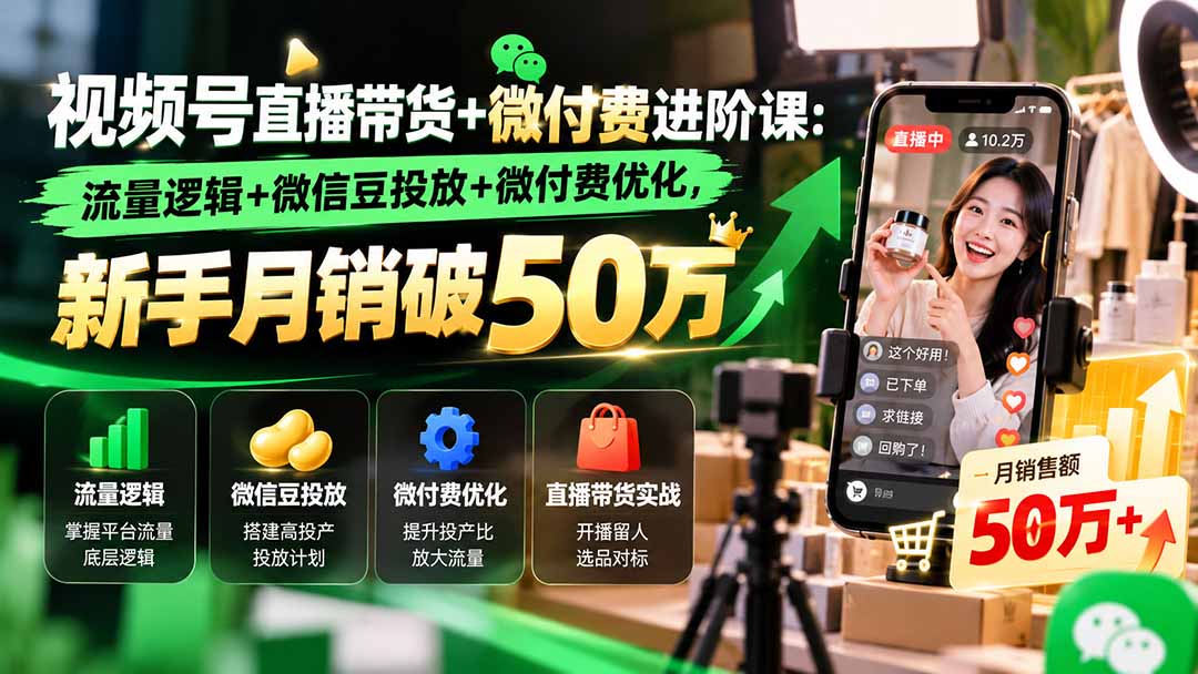 视频号直播带货+微付费进阶课-更新1010：流量逻辑+微信豆投放+微付费优化，新手月销破50万-蜗牛学社