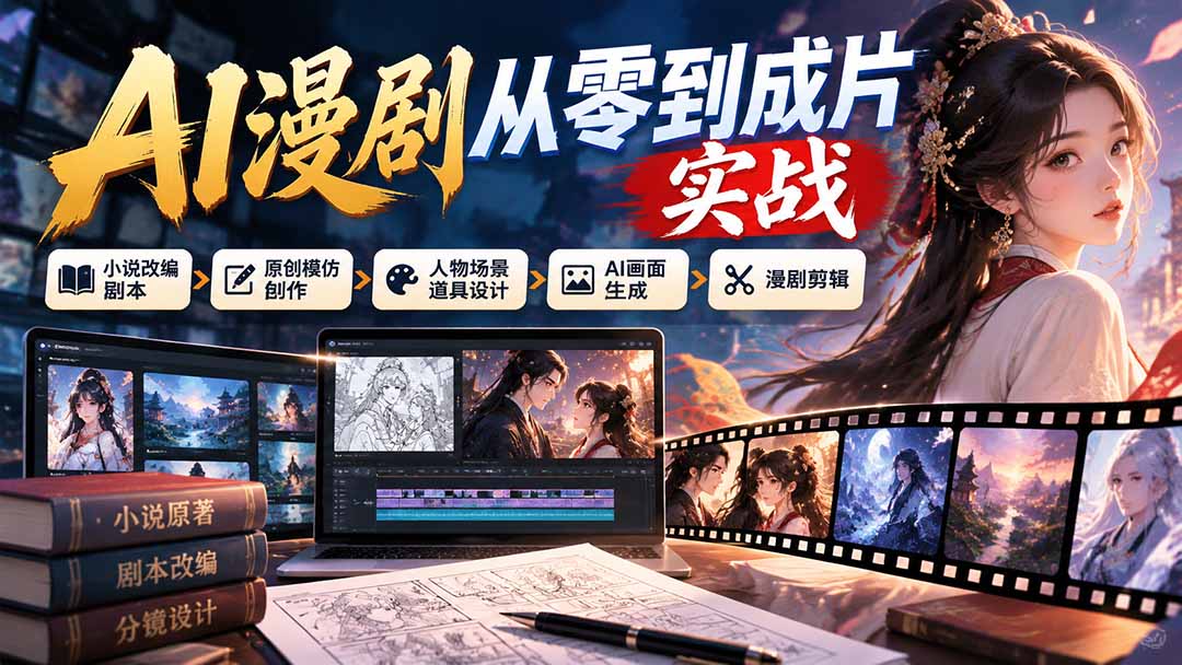 AI漫剧从零到成片实战:小说改编剧本、原创模仿创作、人物场景道具设计、AI画面生成与漫剧剪辑-蜗牛学社