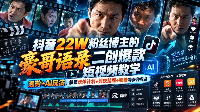 抖音22W粉丝博主的豪哥语录二创爆款短视频教学,混剪+AI玩法,解锁伙伴计划+剪映挂载+收徒等多种收益-蜗牛学社