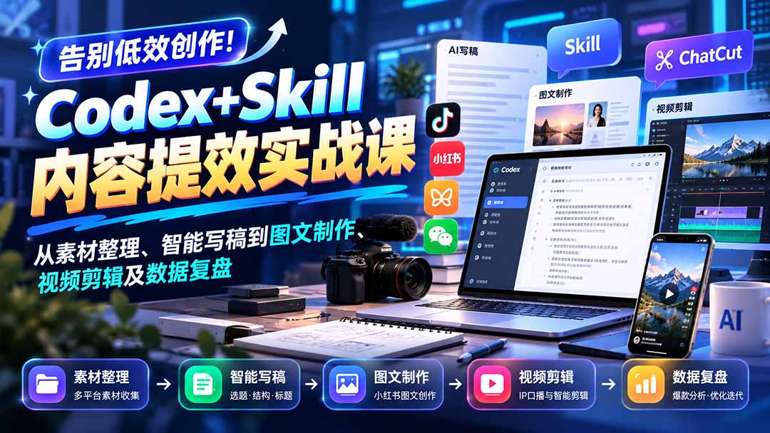 【无水印】告别低效创作!Codex+Skill内容提效实战课:从素材整理、智能写稿到图文制作、视频剪辑及数据复盘-蜗牛学社