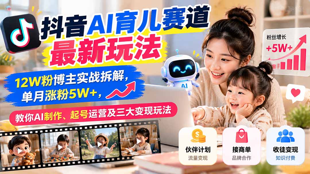 抖音AI育儿赛道最新玩法：12W粉博主实战拆解，单月涨粉5W+，教你AI制作、起号运营及三大变现玩法-蜗牛学社