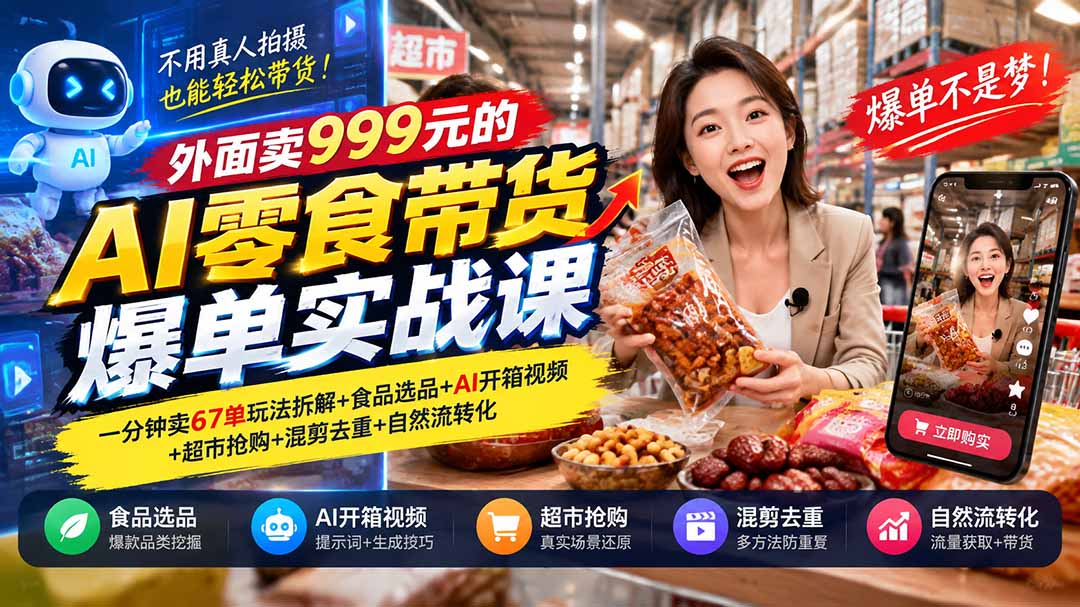 外面卖999元的AI零食带货爆单实战课｜一分钟卖67单玩法拆解+食品选品+AI开箱视频+超市抢购+混剪去重+自然流转化-蜗牛学社