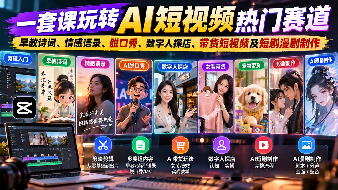 一套课玩转AI短视频热门赛道：早教诗词、情感语录、脱口秀、数字人探店、带货短视频及短剧漫剧制作  复制标题-蜗牛学社