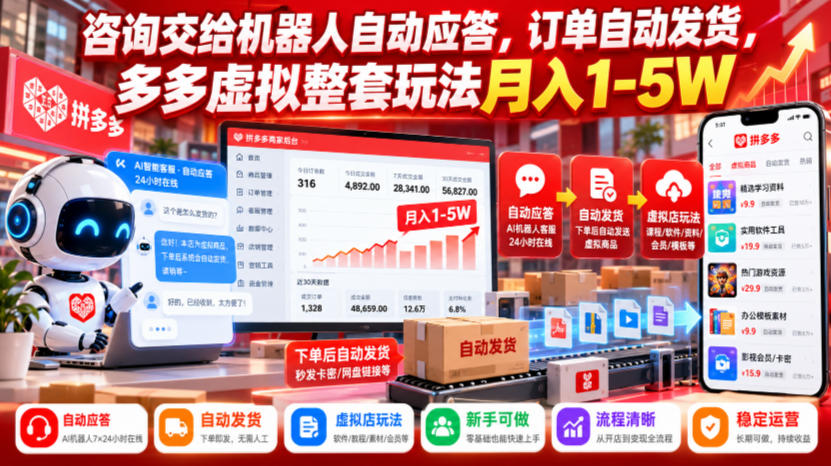 咨询交给机器人自动应答，订单自动发货，多多虚拟整套玩法月入1-5W【揭秘】-蜗牛学社