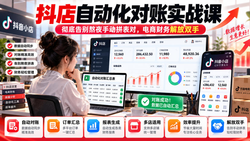 抖店自动化对账实战课，彻底告别熬夜手动拼表对，账电商财务解放双手-蜗牛学社