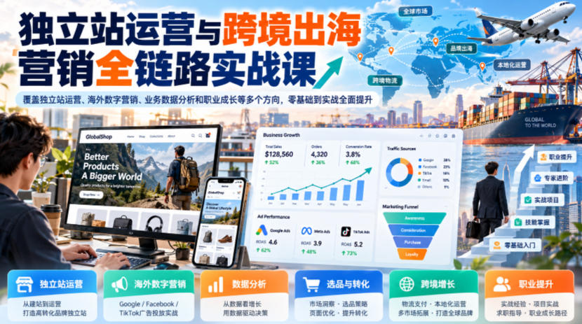 独立站运营与跨境出海营销全链路实战课,覆盖独立站运营、海外数字营销、业务数据分析和职业成长等多个方向,零基础到实战全面提升-蜗牛学社