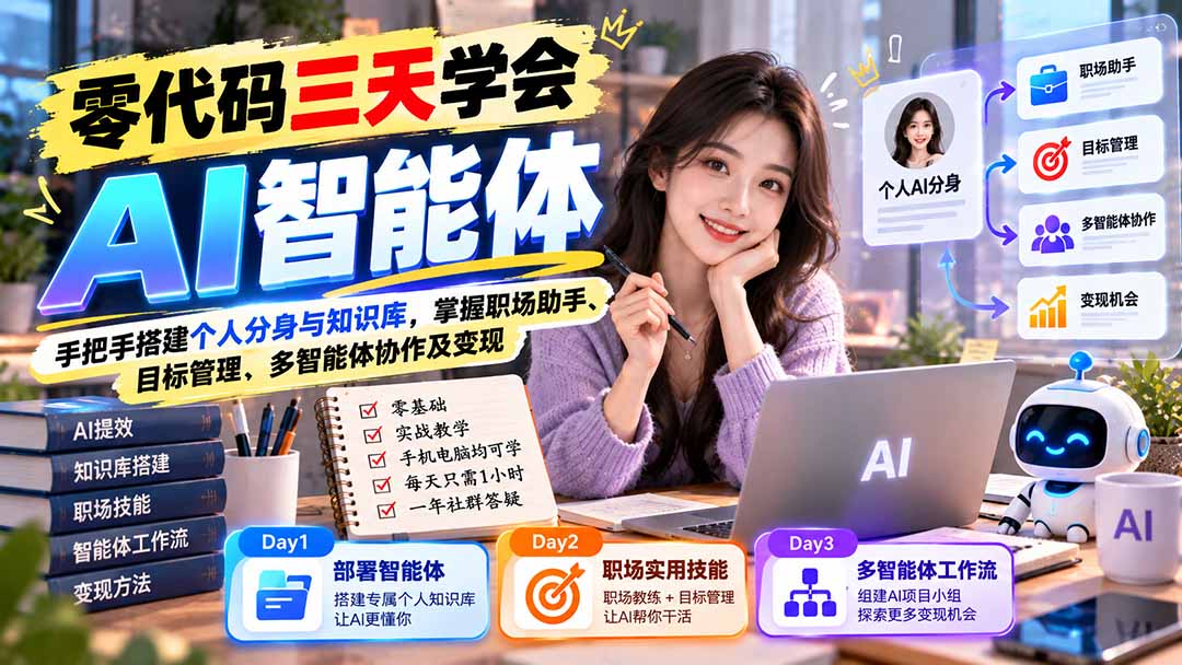 【无水印】零代码三天学会AI智能体：手把手搭建个人分身与知识库，掌握职场助手、目标管理、多智能体协作及变现-蜗牛学社