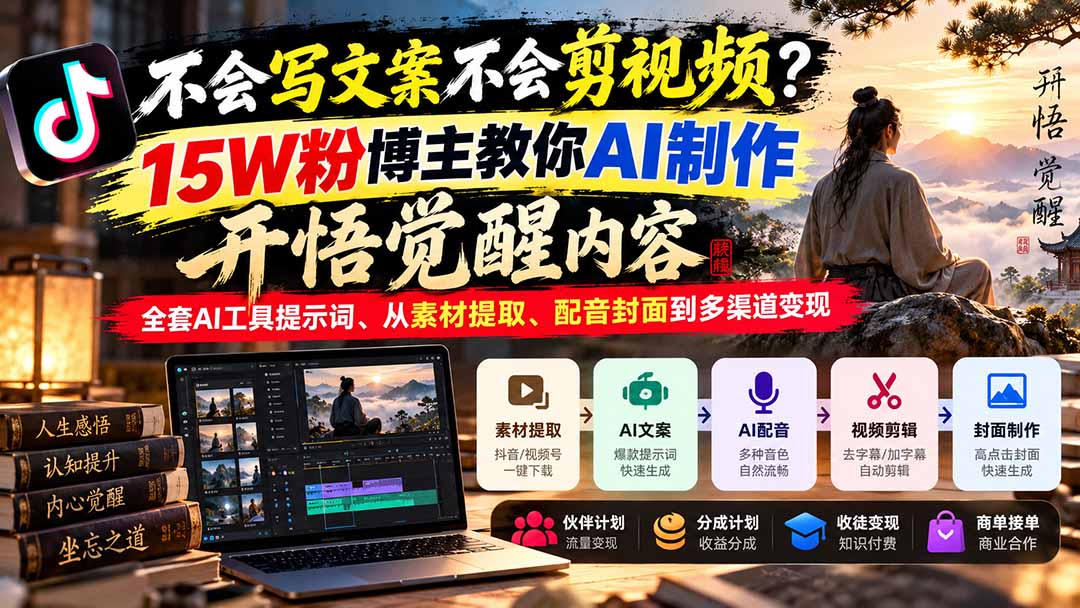 不会写文案不会剪视频?15W粉博主教你AI制作开悟觉醒内容,全套AI工具提示词、从素材提取、配音封面到多渠道变现-蜗牛学社