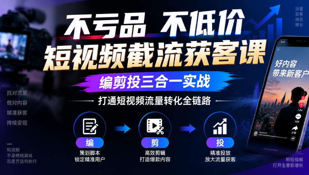 不亏品不低价短视频截流获客课,编剪投三合一实战,打通短视频流量转化全链路-蜗牛学社