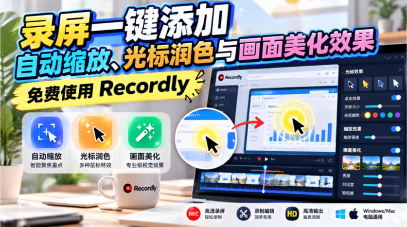 录屏一键添加自动缩放、光标润色与画面美化效果,免费使用Recordly-蜗牛学社