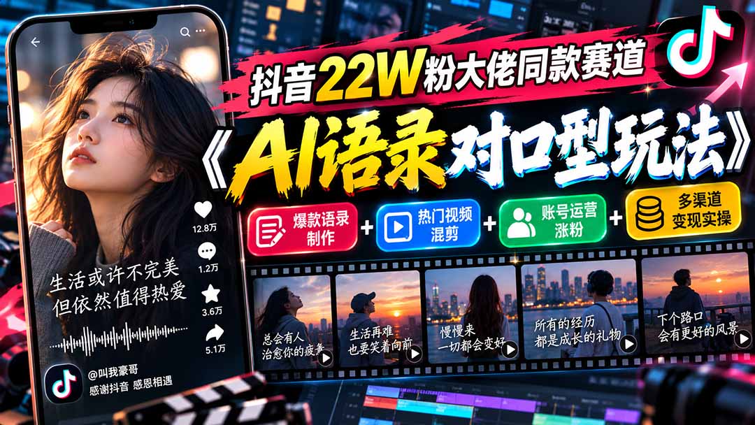 抖音22W粉大佬同款赛道《AI语录对口型玩法》:爆款语录制作+热门视频混剪+账号运营涨粉+多渠道变现实操-蜗牛学社