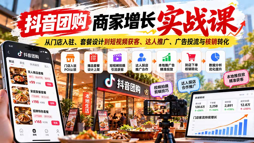 抖音团购商家增长实战课:从门店入驻、套餐设计到短视频获客、达人推广、广告投流与核销转化-蜗牛学社