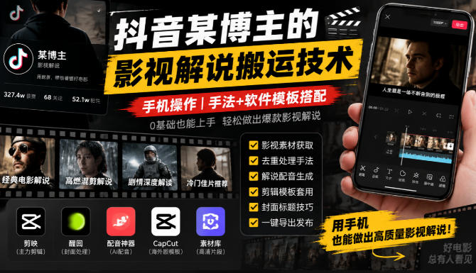 抖音某博主的影视解说搬运技术,手机操作,手法+软件模板搭配-蜗牛学社