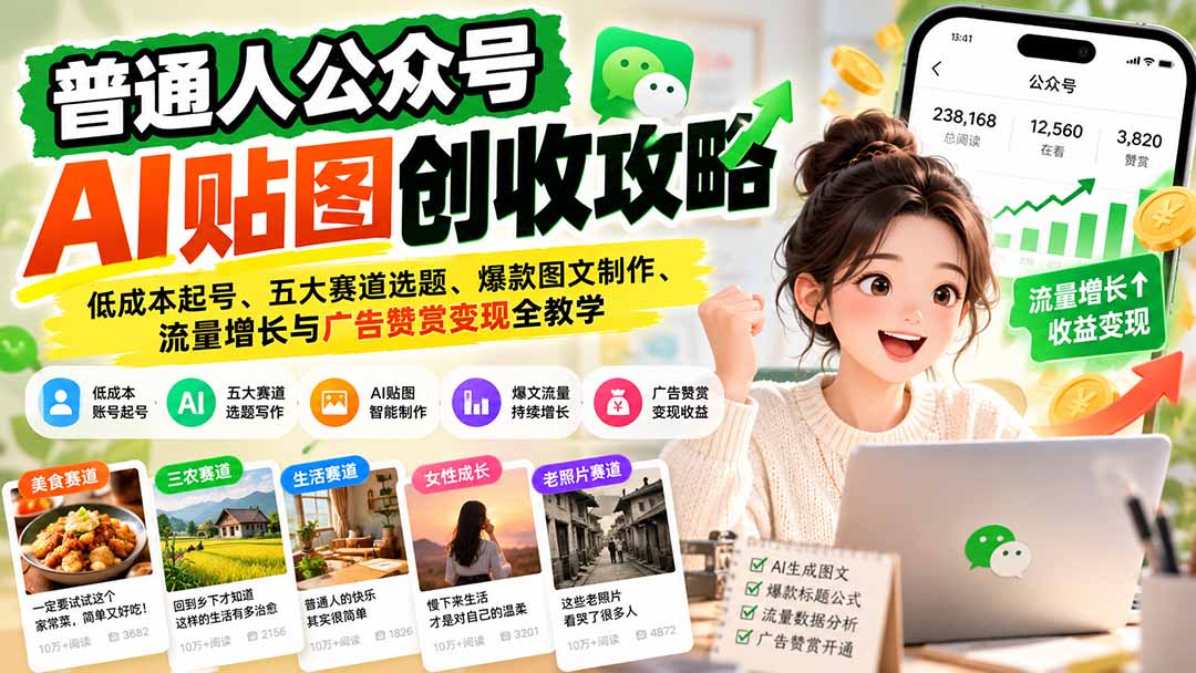 普通人公众号AI贴图创收攻略：低成本起号、五大赛道选题、爆款图文制作、流量增长与广告赞赏变现全教学-蜗牛学社
