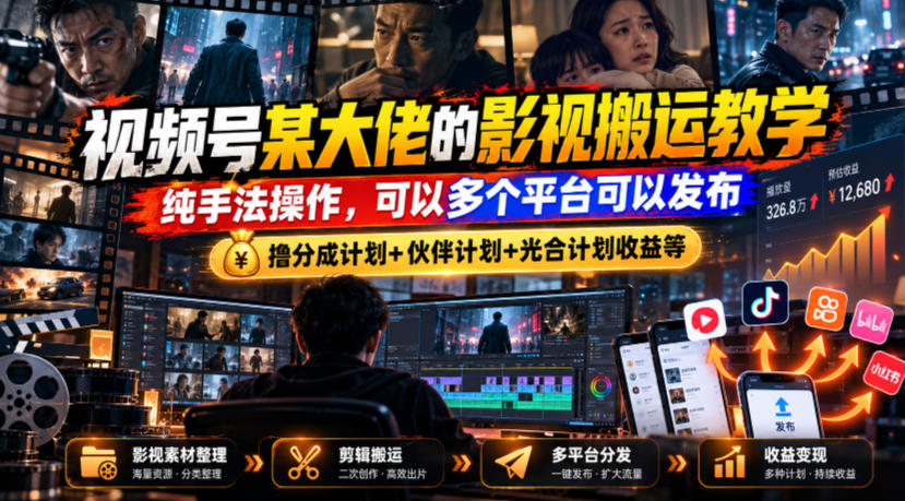 视频号某大佬的影视搬运教学，纯手法操作，可以多个平台可以发布，撸分成计划+伙伴计划+光合计划收益等-蜗牛学社