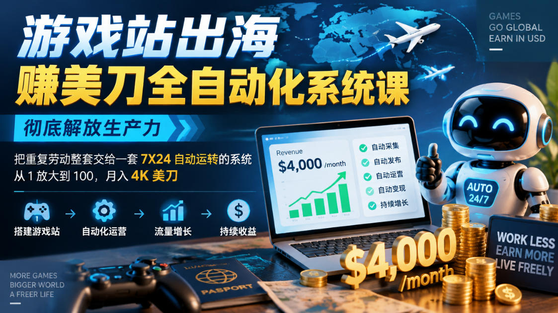 游戏站出海賺美刀全自动化系统课，彻底解放生产力–把重复劳动整套交给一套7X24自动运转的系统，从1放大到100，月入4K美刀-蜗牛学社
