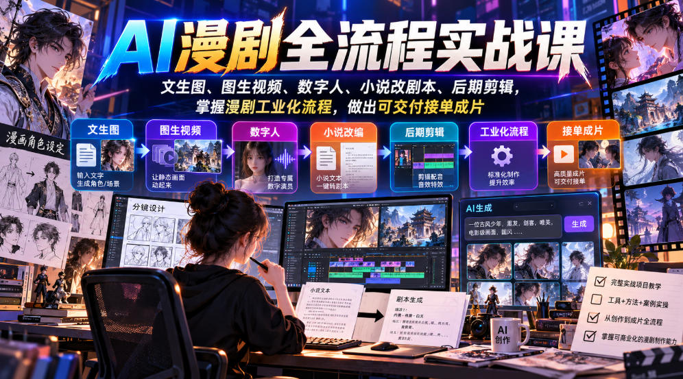 AI漫剧全流程实战课,文生图、图生视频、数字人、小说改剧本、后期剪辑,掌握漫剧工业化流程,做出可交付接单成片-蜗牛学社