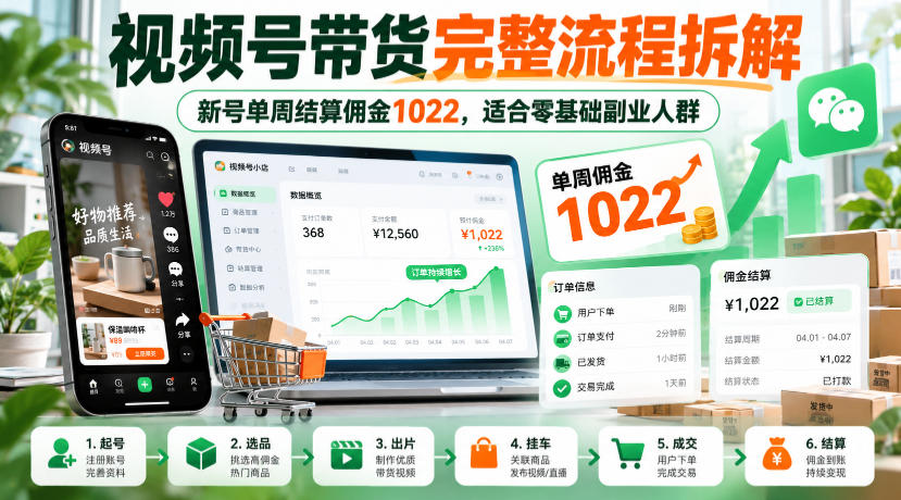 视频号带货完整流程拆解,新号单周结算佣金1022,适合零基础副业人群-蜗牛学社