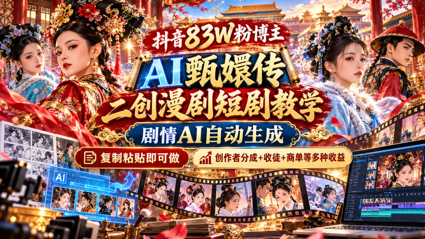 抖音83W粉博主AI甄嬛传二创漫剧短剧教学|剧情AI自动生成,复制粘贴即可做,各大平台创作者分成+收徒等多种收益-蜗牛学社
