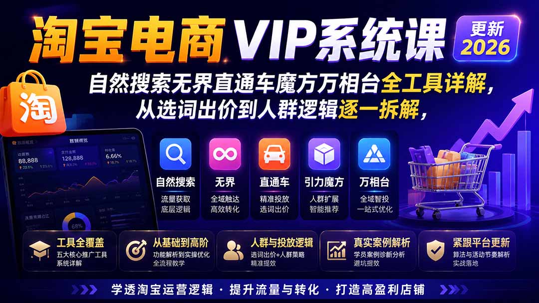 2026淘宝电商终局之战VIP课-更新1015：自然搜索+直通车+无界+精准人群，系统掌握测款动销与全店推广布局方法-蜗牛学社
