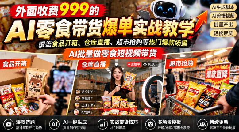 外面收费999的AI零食带货爆单实战教学，覆盖食品开箱、仓库直播、超市抢购等热门爆款场景，AI批量做零食短视频带货-蜗牛学社