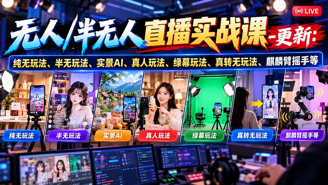无人/半无人直播实战课-10月20更新：纯无玩法、半无玩法、实景AI、真人玩法、绿幕玩法、真转无玩法、麒麟臂摇手等-蜗牛学社