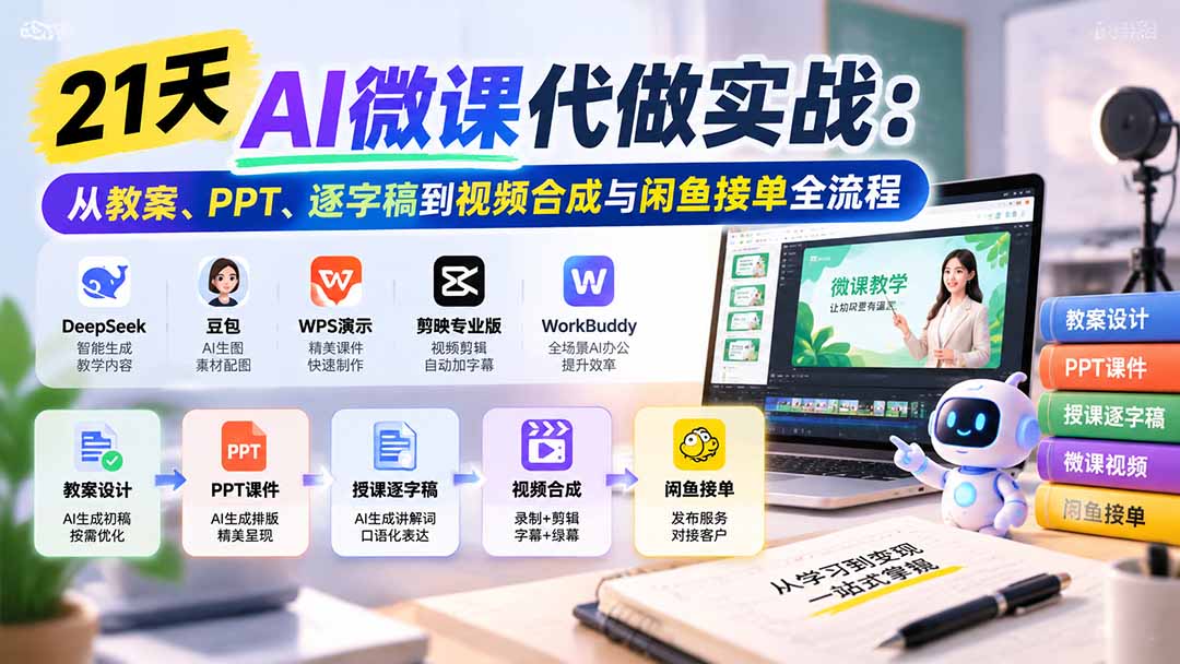 21天AI微课代做实战:从教案、PPT、逐字稿到视频合成与闲鱼接单全流程-蜗牛学社