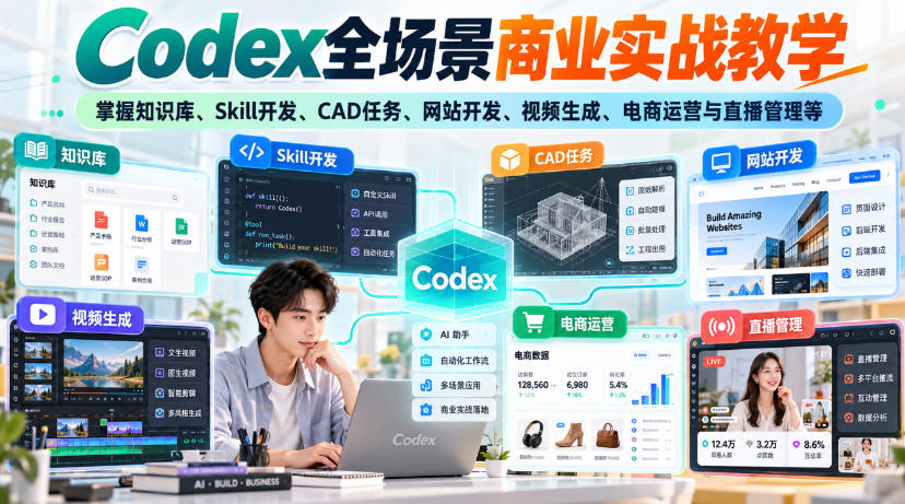 Codex全场景商业实战教学，掌握知识库、Skill开发、CAD任务、网站开发、视频生成、电商运营与直播管理等(更新1010)-蜗牛学社