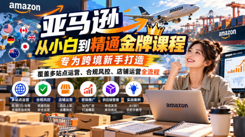 亚马逊从小白到精通金牌课程,专为跨境新手打造,覆盖多站点运营、合规风控、店铺运营全流程-蜗牛学社