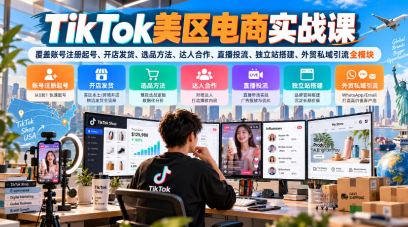 TikTok美区电商实战课，覆盖账号注册起号、开店发货、选品方法、达人合作、直播投流、独立站搭建、外贸私域引流全模块-蜗牛学社