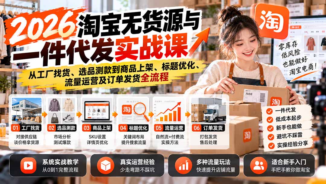 2026淘宝无货源与一件代发实战课:从工厂找货、选品测款到商品上架、标题优化、流量运营及订单发货全流程-蜗牛学社